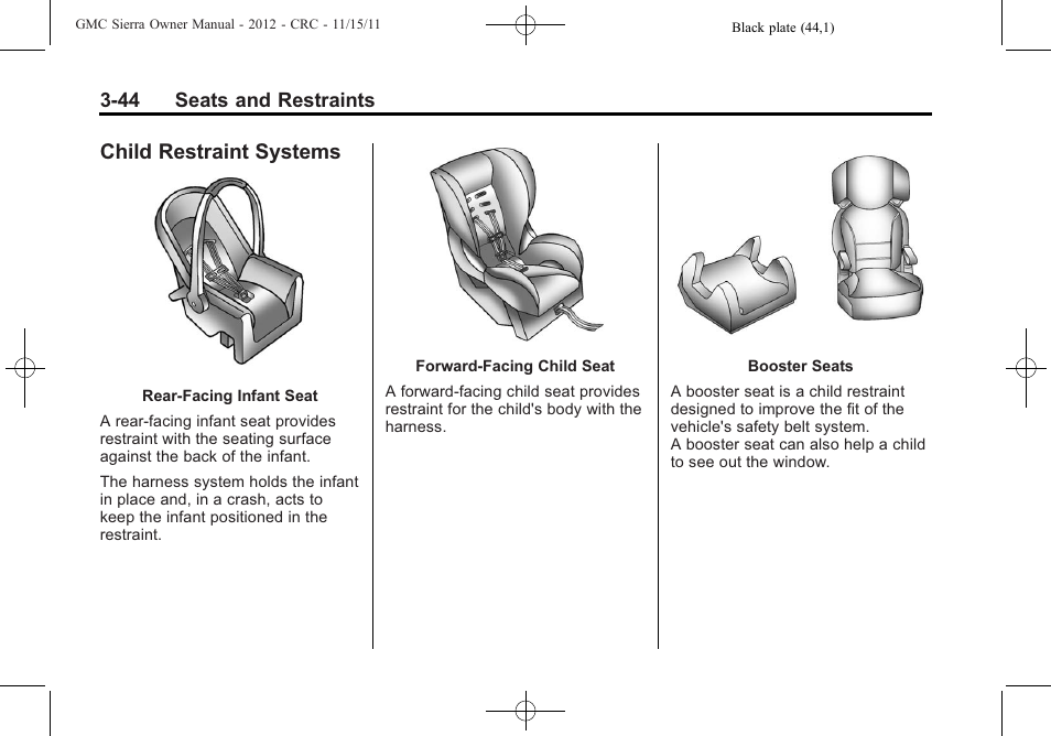 Child restraint systems, Child restraint systems -44 | GMC 2012 Sierra User Manual | Page 112 / 556