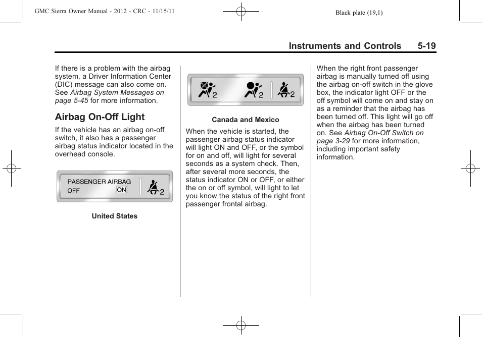 Airbag on-off light, Airbag on-off light -19 | GMC 2012 Sierra User Manual | Page 157 / 556