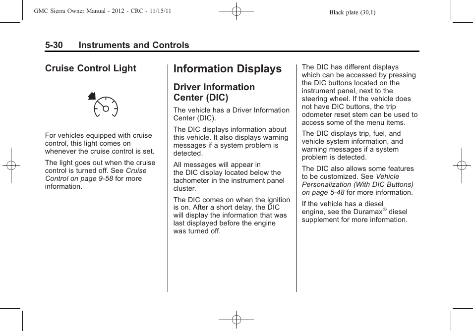 Cruise control light, Information displays, Driver information center (dic) | Displays -30, Cruise control light -30, Driver information, Center (dic) -30 | GMC 2012 Sierra User Manual | Page 168 / 556