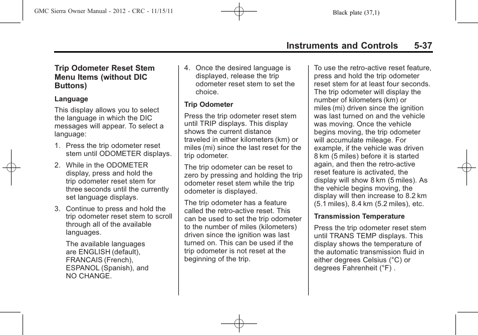 Instruments and controls 5-37 | GMC 2012 Sierra User Manual | Page 175 / 556