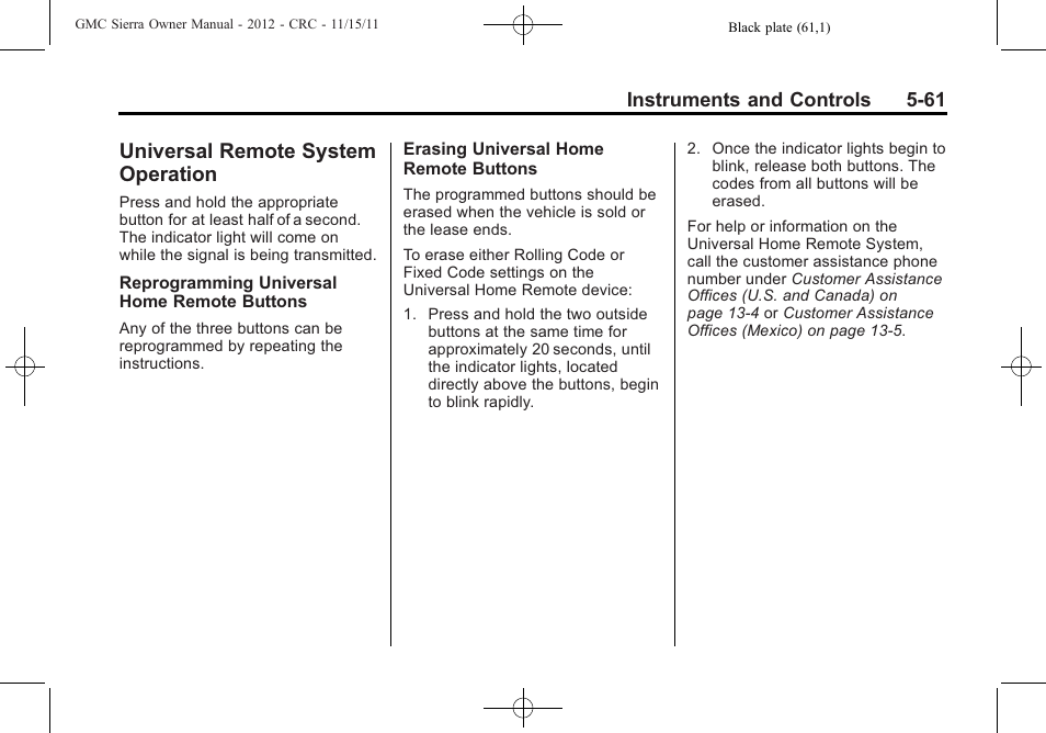Universal remote system operation, Universal remote system, Operation -61 | GMC 2012 Sierra User Manual | Page 199 / 556