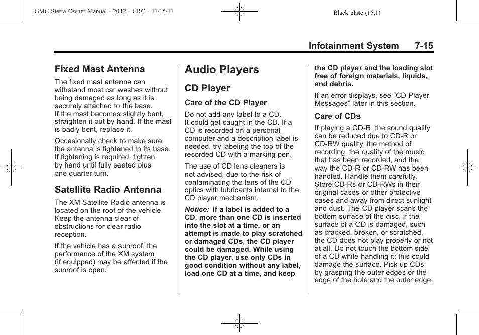 Fixed mast antenna, Satellite radio antenna, Audio players | Cd player, Audio players -15, Fixed mast antenna -15 satellite radio antenna -15, Cd player -15 | GMC 2012 Sierra User Manual | Page 225 / 556