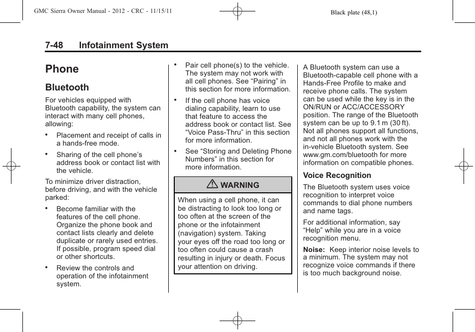 Phone, Bluetooth, Phone -48 | Bluetooth -48, 48 infotainment system | GMC 2012 Sierra User Manual | Page 258 / 556
