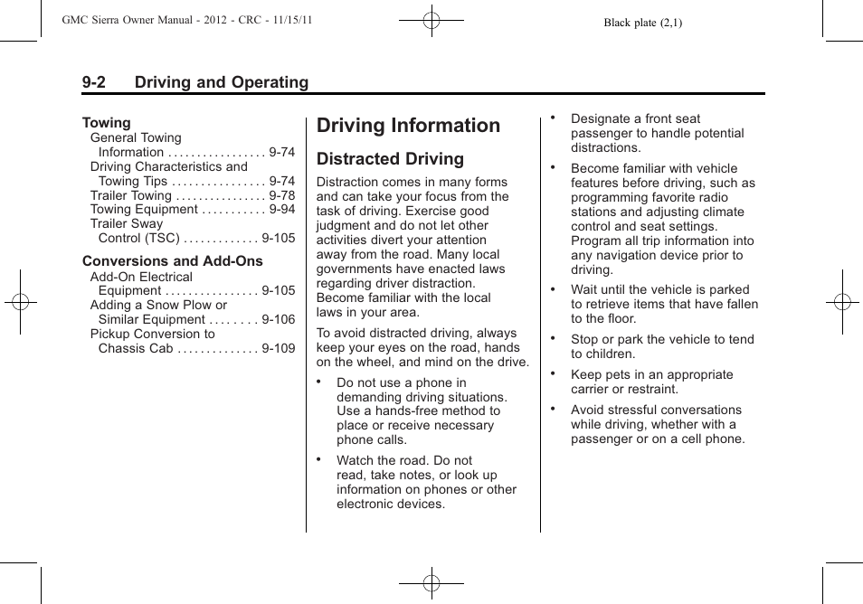 Driving information, Distracted driving, Distracted driving -2 | 2 driving and operating | GMC 2012 Sierra User Manual | Page 278 / 556