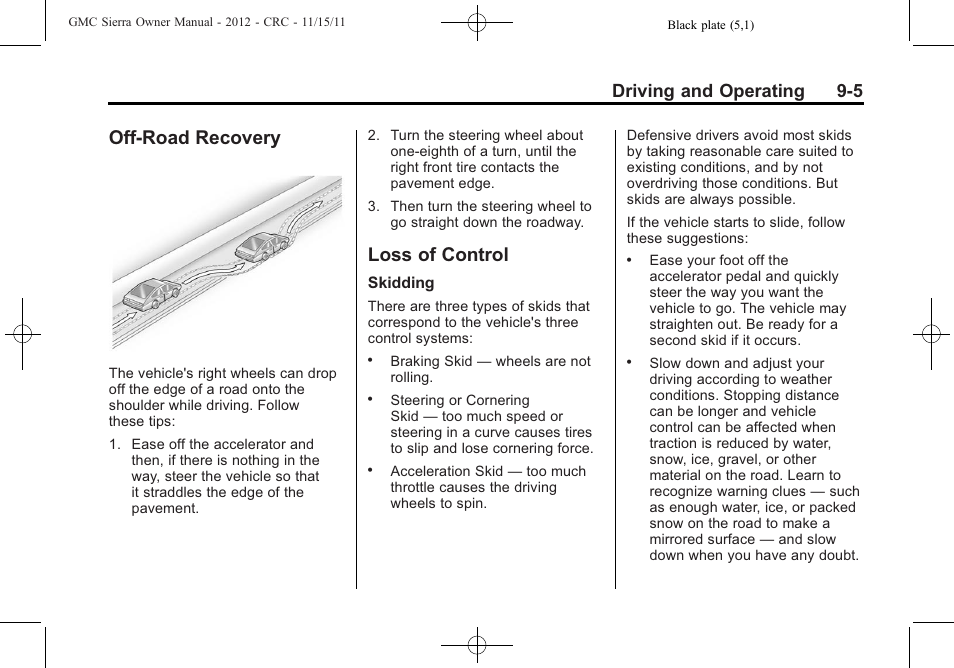 Off-road recovery, Loss of control, Off-road recovery -5 loss of control -5 | Driving and operating 9-5 | GMC 2012 Sierra User Manual | Page 281 / 556