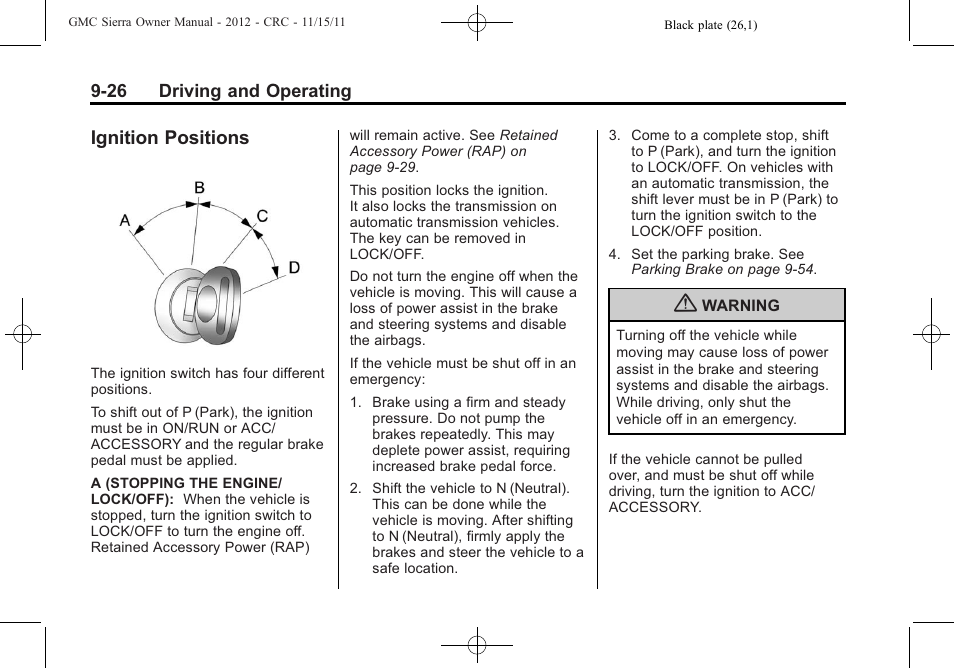 Ignition positions, Ignition positions -26 | GMC 2012 Sierra User Manual | Page 302 / 556