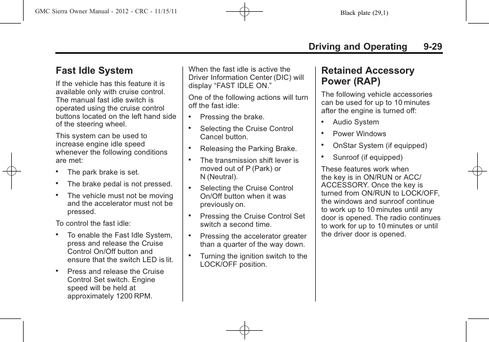 Fast idle system, Retained accessory power (rap), Fast idle system -29 retained accessory | Power (rap) -29, Driving and operating 9-29 | GMC 2012 Sierra User Manual | Page 305 / 556