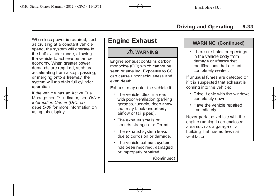 Engine exhaust, Engine exhaust -33, Exhaust -33 | Driving and operating 9-33 | GMC 2012 Sierra User Manual | Page 309 / 556
