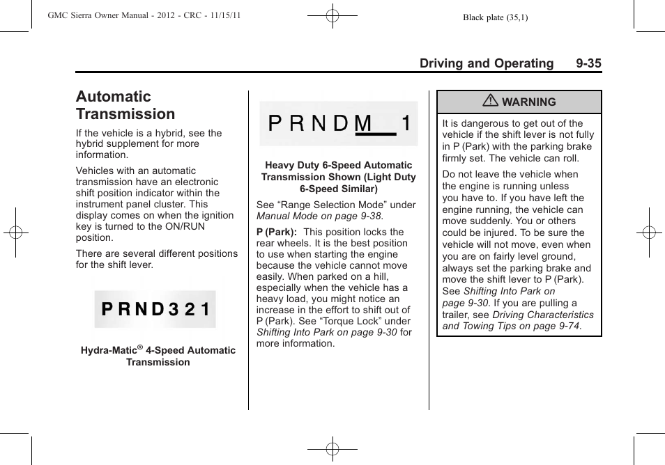 Automatic transmission, Automatic, Automatic transmission -35 | GMC 2012 Sierra User Manual | Page 311 / 556