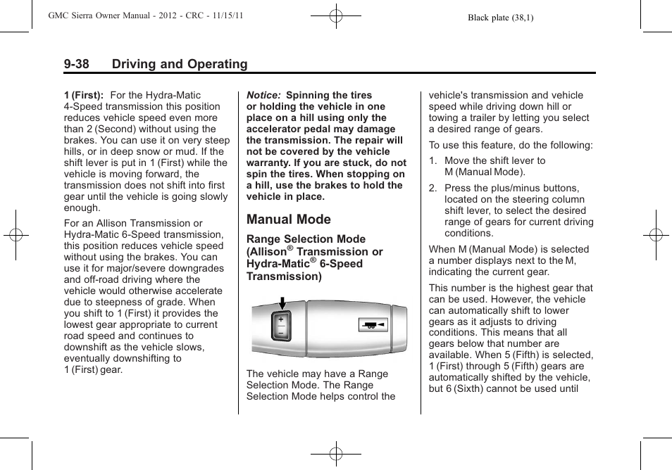 Manual mode, Manual mode -38, 38 driving and operating | GMC 2012 Sierra User Manual | Page 314 / 556
