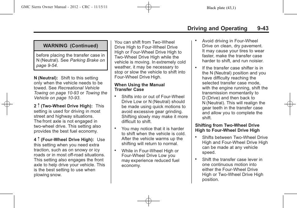 Driving and operating 9-43 | GMC 2012 Sierra User Manual | Page 319 / 556