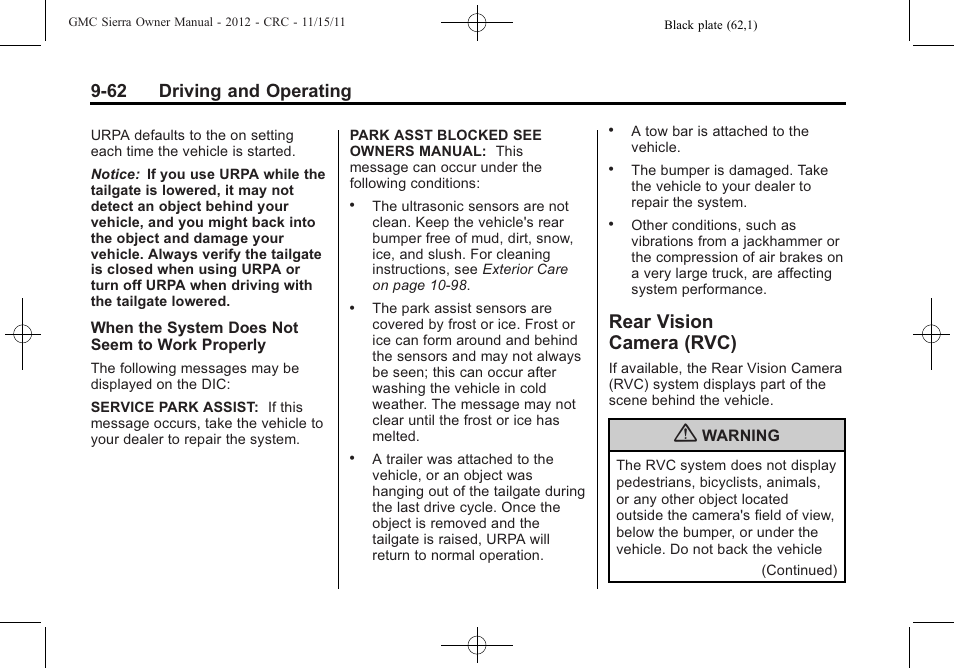 Rear vision camera (rvc), Rear vision, Camera (rvc) -62 | 62 driving and operating | GMC 2012 Sierra User Manual | Page 338 / 556