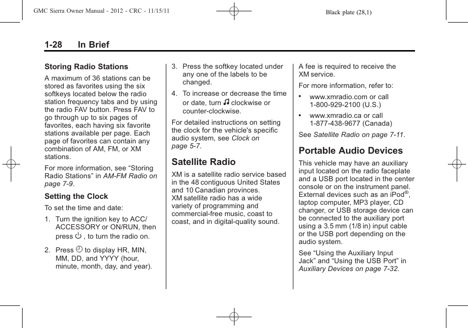 Satellite radio, Portable audio devices, Radio -28 portable audio devices -28 | 28 in brief | GMC 2012 Sierra User Manual | Page 34 / 556