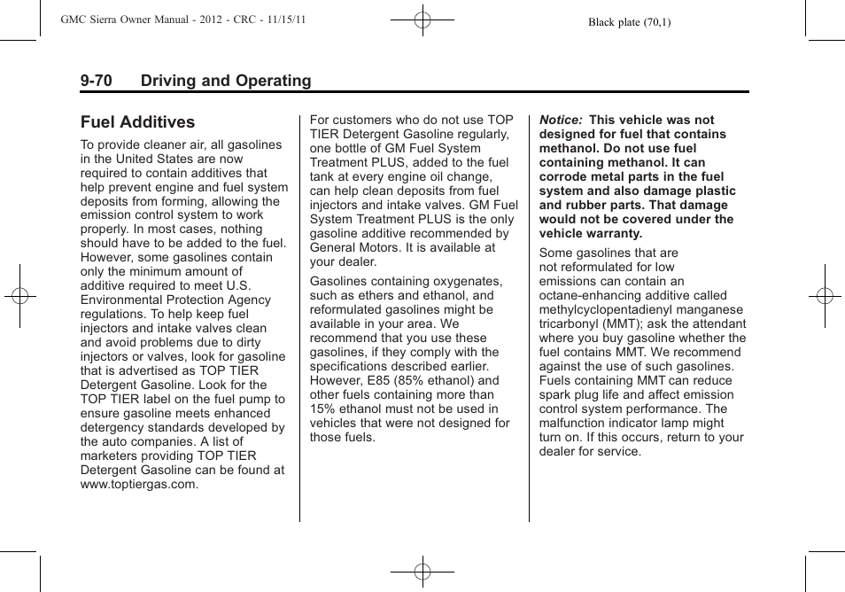 Fuel additives, Fuel additives -70 | GMC 2012 Sierra User Manual | Page 346 / 556