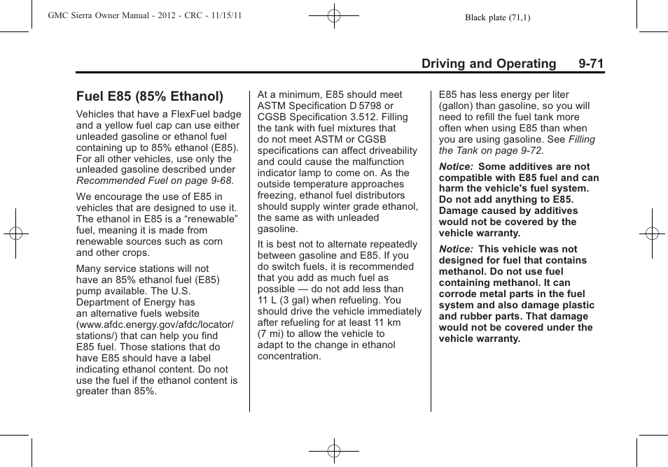 Fuel e85 (85% ethanol), Fuel e85 (85% ethanol) -71 | GMC 2012 Sierra User Manual | Page 347 / 556
