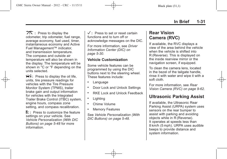 Rear vision camera (rvc), Ultrasonic parking assist, Vision | Camera (rvc) -31, Ultrasonic parking assist -31 | GMC 2012 Sierra User Manual | Page 37 / 556