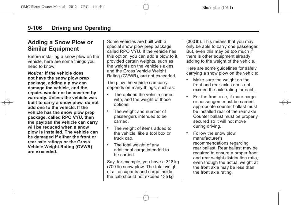 Adding a snow plow or similar equipment, Adding a snow plow or, Similar equipment -106 | 106 driving and operating | GMC 2012 Sierra User Manual | Page 382 / 556