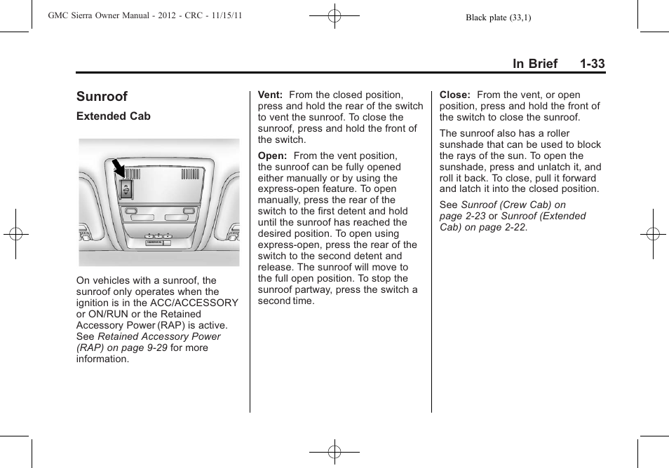 Sunroof, Sunroof -33 | GMC 2012 Sierra User Manual | Page 39 / 556