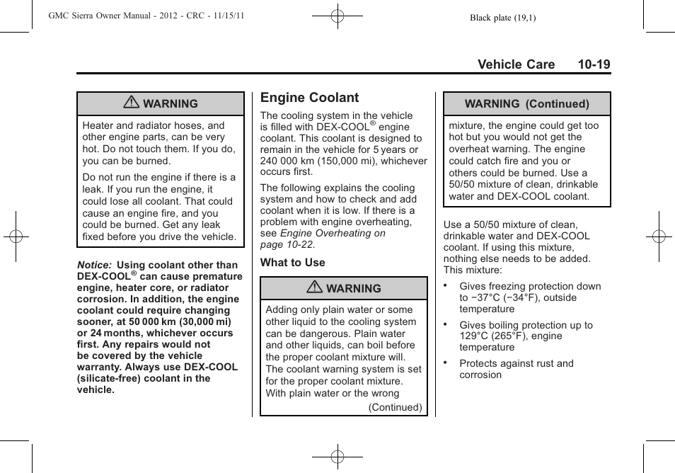 Engine coolant, Engine coolant -19, Vehicle care 10-19 | GMC 2012 Sierra User Manual | Page 405 / 556