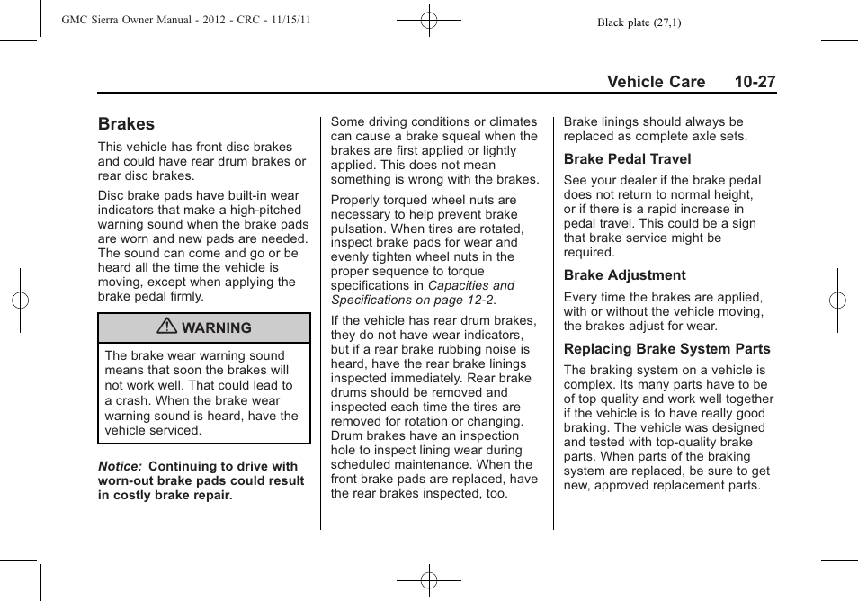 Brakes, Brakes -27, Pick-up | GMC 2012 Sierra User Manual | Page 413 / 556