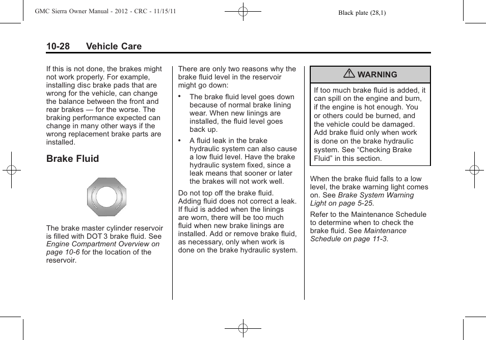 Brake fluid, Brake fluid -28 | GMC 2012 Sierra User Manual | Page 414 / 556