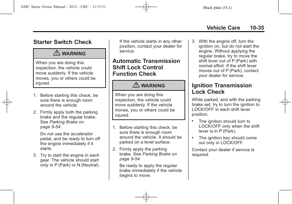 Starter switch check, Ignition transmission lock check, Lock control function check -35 | Ignition transmission lock | GMC 2012 Sierra User Manual | Page 421 / 556