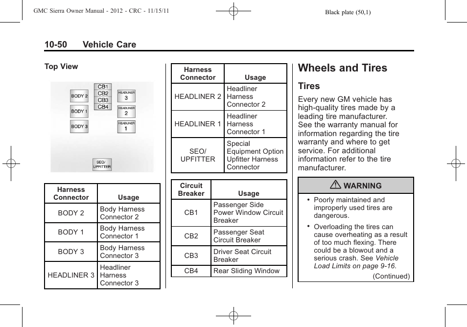 Wheels and tires, Tires, Wheels and tires -50 | Tires -50, 50 vehicle care | GMC 2012 Sierra User Manual | Page 436 / 556