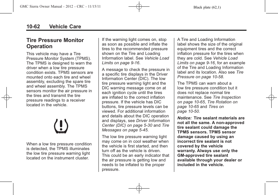 Tire pressure monitor operation, Tire pressure monitor, Operation -62 | Towing | GMC 2012 Sierra User Manual | Page 448 / 556