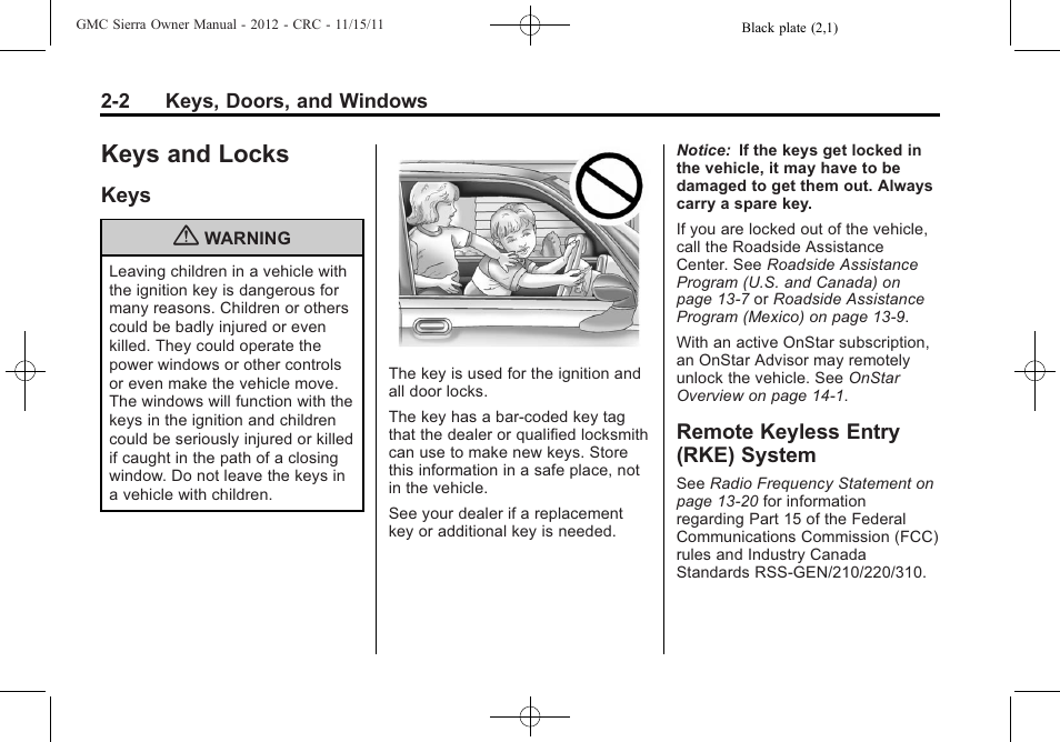 Keys and locks, Keys, Remote keyless entry (rke) system | Keys and locks -2, Warning lights, gauges, Keys -2 remote keyless entry (rke), System -2 | GMC 2012 Sierra User Manual | Page 46 / 556
