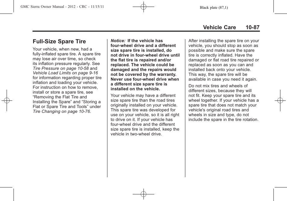 Full-size spare tire, Full-size spare tire -87 | GMC 2012 Sierra User Manual | Page 473 / 556