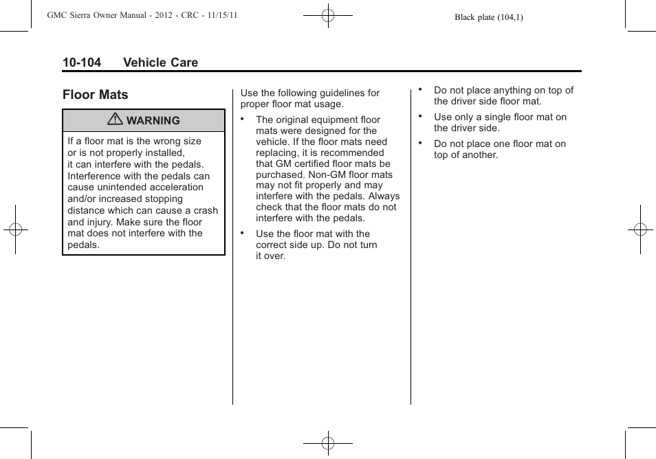Floor mats, Floor mats -104, 104 vehicle care | GMC 2012 Sierra User Manual | Page 490 / 556