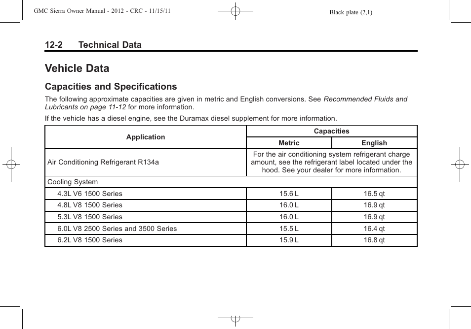 Vehicle data, Capacities and specifications, Capacities and | Specifications -2, 2 technical data | GMC 2012 Sierra User Manual | Page 510 / 556