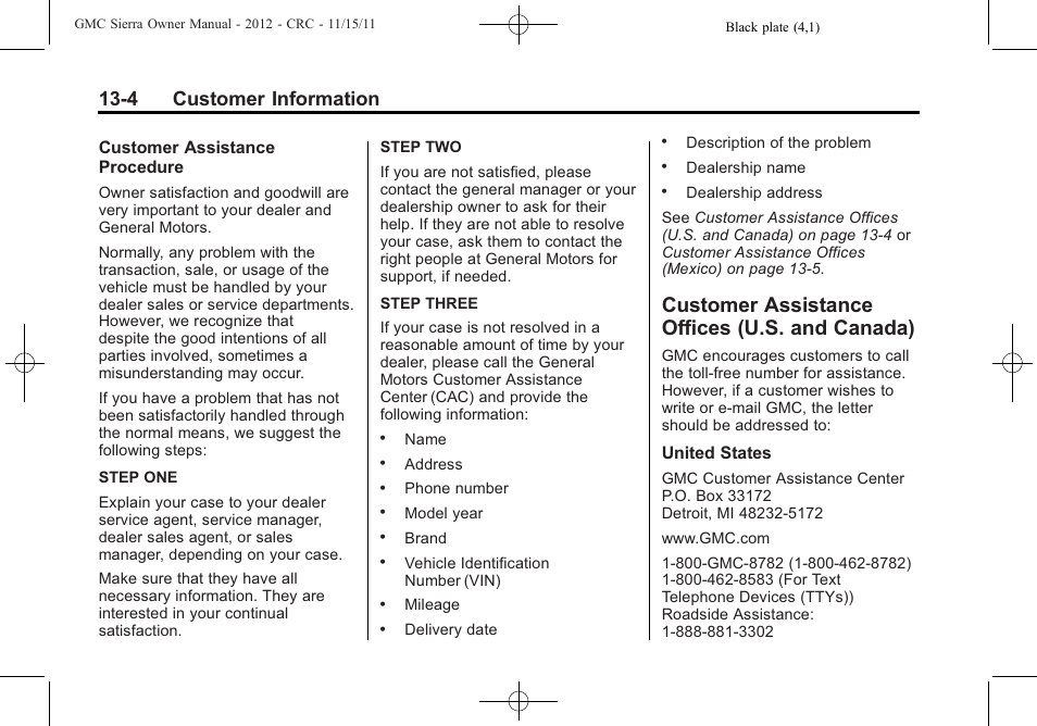 Customer assistance offices (u.s. and canada), Customer assistance offices, U.s. and canada) -4 | 4 customer information | GMC 2012 Sierra User Manual | Page 518 / 556