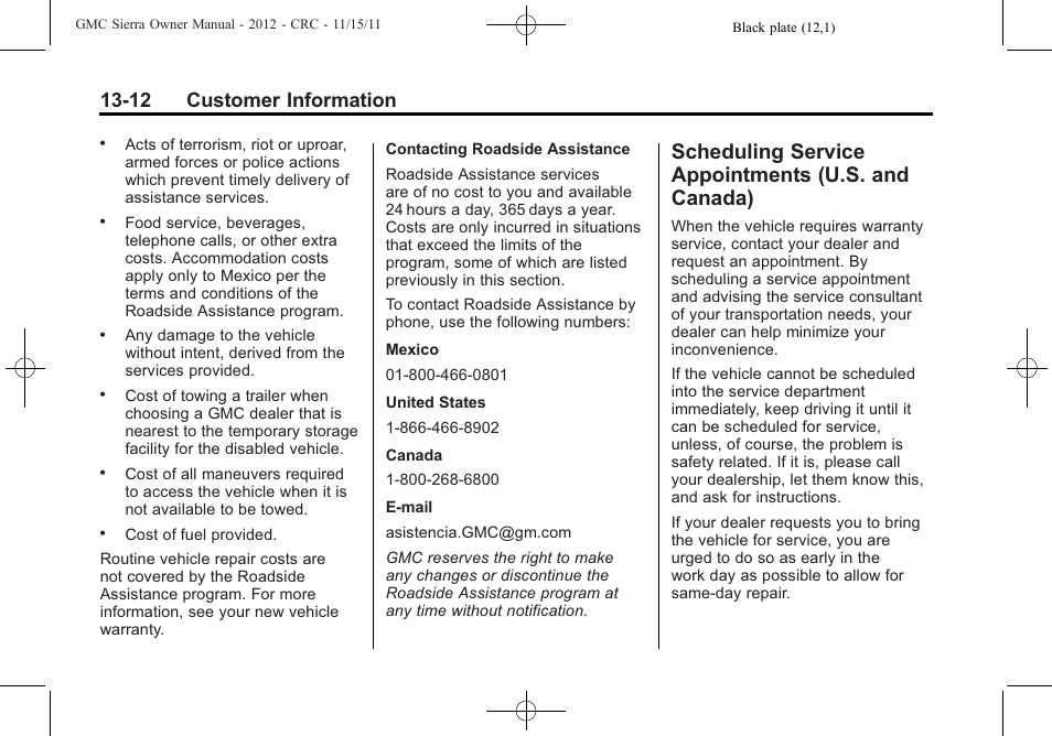 Scheduling service appointments (u.s. and canada), Scheduling service, Appointments (u.s. and canada) -12 | 12 customer information | GMC 2012 Sierra User Manual | Page 526 / 556