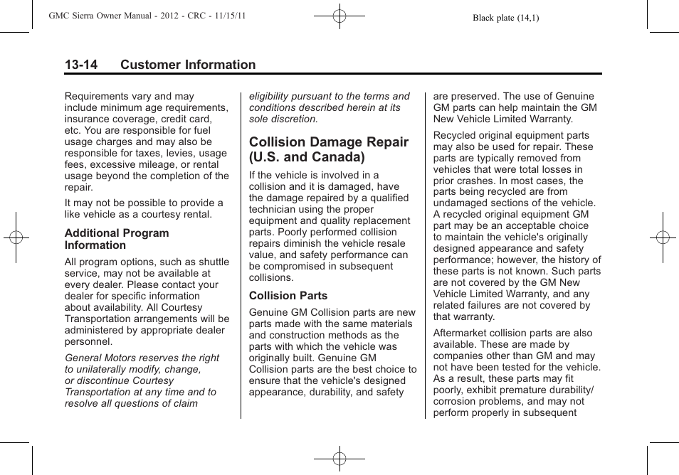 Collision damage repair (u.s. and canada), Collision damage repair, U.s. and canada) -14 | Procedure | GMC 2012 Sierra User Manual | Page 528 / 556