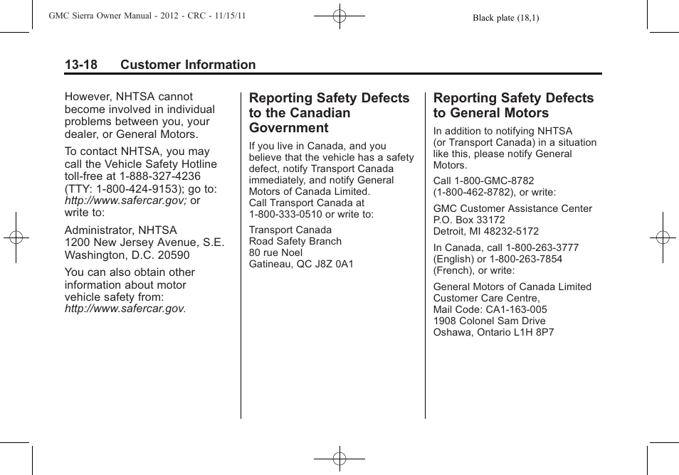 Reporting safety defects to general motors, Reporting safety defects to, Canadian government -18 | Defects to, General motors -18 | GMC 2012 Sierra User Manual | Page 532 / 556