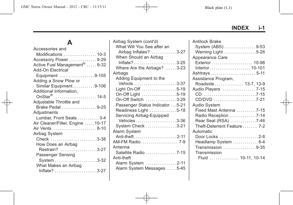Index, Index_a, Index i-1 | GMC 2012 Sierra User Manual | Page 543 / 556