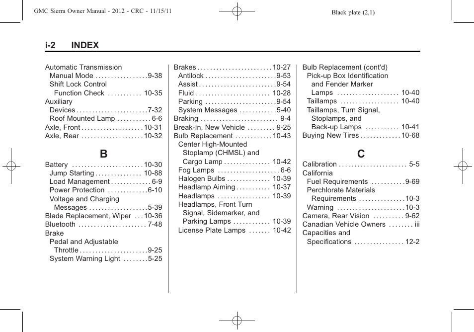 Index_b, Index_c, I-2 index | GMC 2012 Sierra User Manual | Page 544 / 556