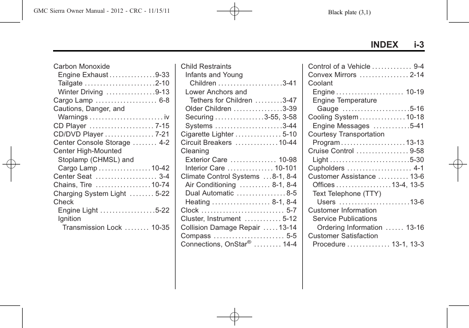 Index i-3 | GMC 2012 Sierra User Manual | Page 545 / 556