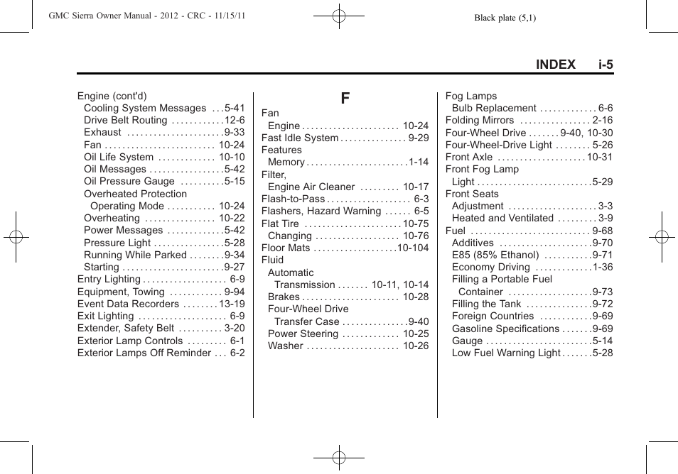 Index_f, Index i-5 | GMC 2012 Sierra User Manual | Page 547 / 556