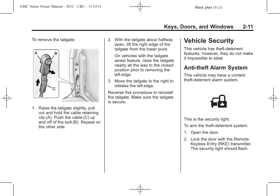 Vehicle security, Anti-theft alarm system, Vehicle security -11 | Information, Vehicle security -11 anti-theft alarm system -11 | GMC 2012 Sierra User Manual | Page 55 / 556