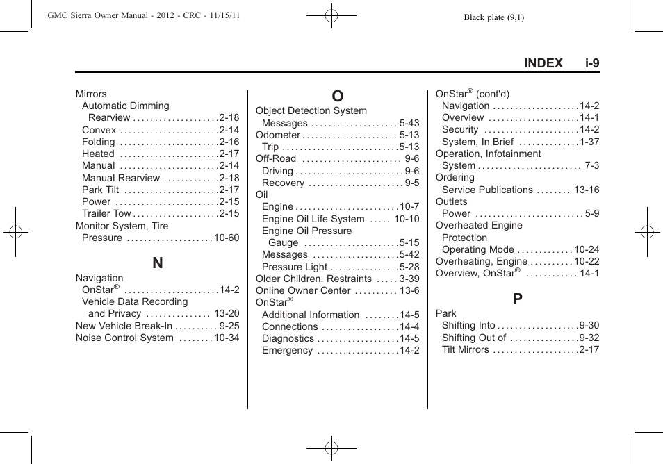 Index_n, Index_o, Index_p | Index i-9 | GMC 2012 Sierra User Manual | Page 551 / 556