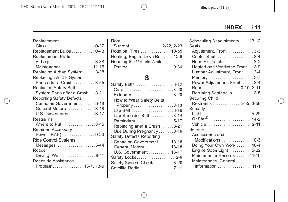 Index_s, Index i-11 | GMC 2012 Sierra User Manual | Page 553 / 556