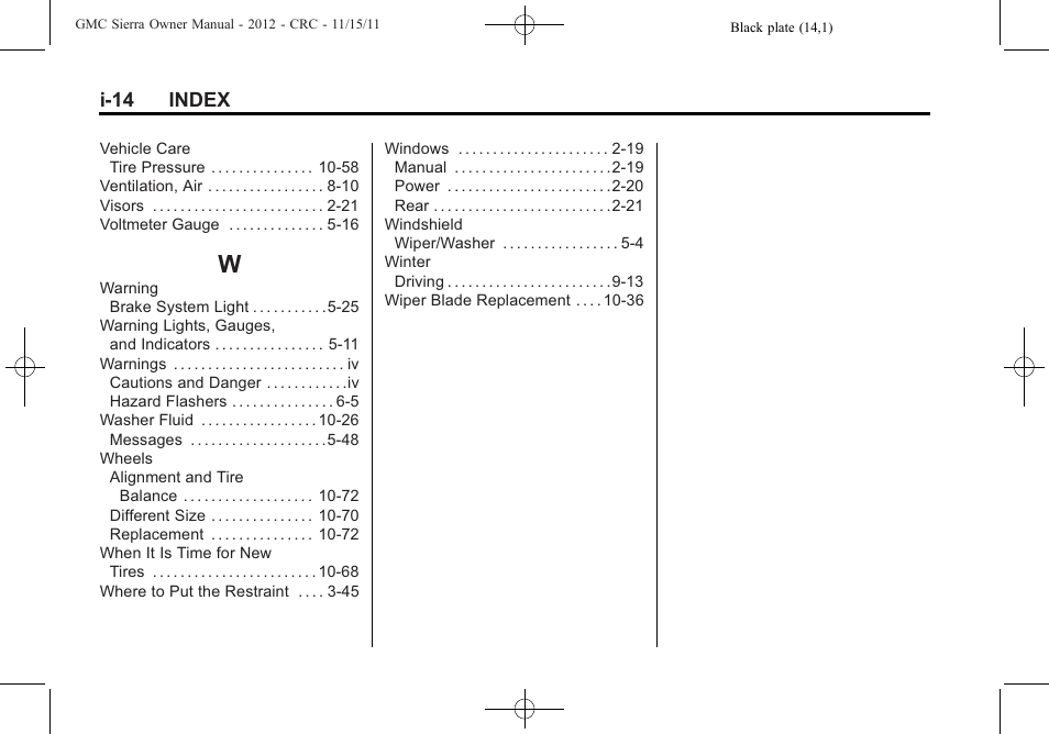 Index_w, I-14 index | GMC 2012 Sierra User Manual | Page 556 / 556