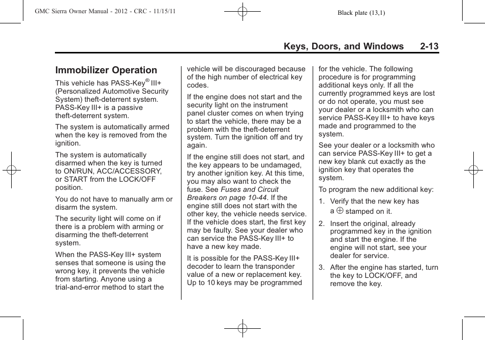 Immobilizer operation, Immobilizer operation -13, Keys, doors, and windows 2-13 | GMC 2012 Sierra User Manual | Page 57 / 556