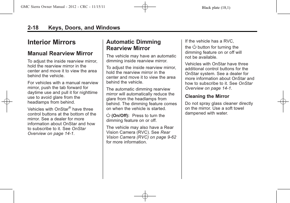 Interior mirrors, Manual rearview mirror, Automatic dimming rearview mirror | Interior mirrors -18, Mirror -18 | GMC 2012 Sierra User Manual | Page 62 / 556