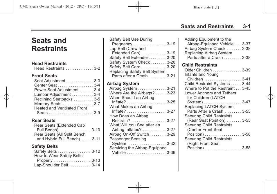Seats and restraints, Seats and restraints -1, Seats and restraints 3-1 | GMC 2012 Sierra User Manual | Page 69 / 556