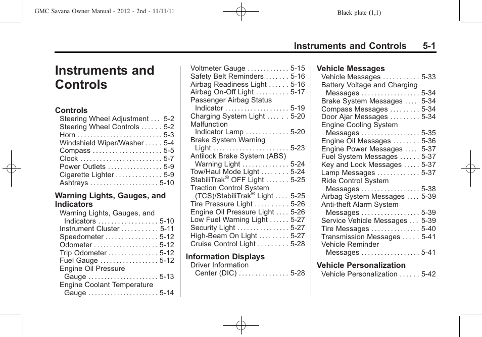 Instruments and controls, Controls -1, Instruments and controls 5-1 | GMC 2012 Savana User Manual | Page 115 / 424