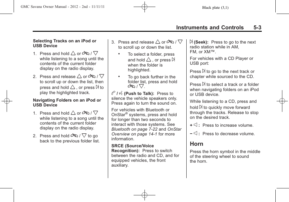 Horn, Horn -3 | GMC 2012 Savana User Manual | Page 117 / 424