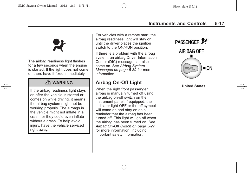 Airbag on-off light, Airbag on-off light -17 | GMC 2012 Savana User Manual | Page 131 / 424